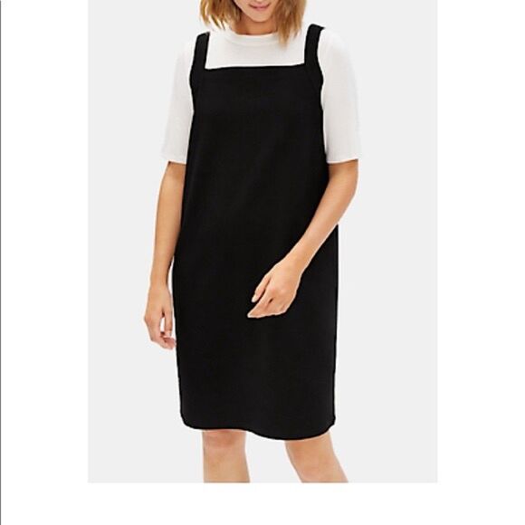 Eileen Fisher Stretch Crepe Square Neck Knee Length Jumper Dress in Black Size M - Picture 3 of 12